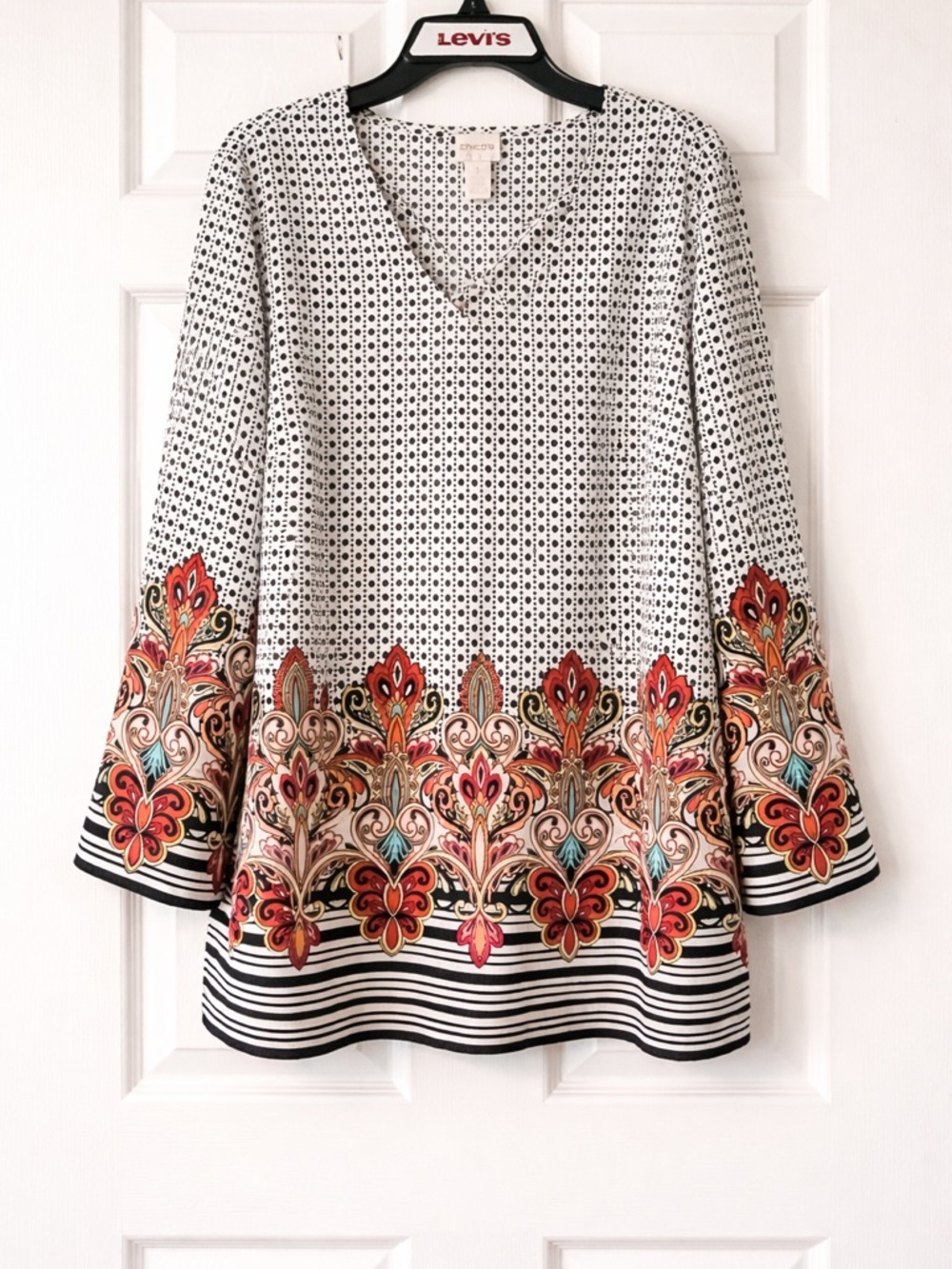 Chicos Printed Blouse Tunic Size 1 Medium Boho Paisley Border Top